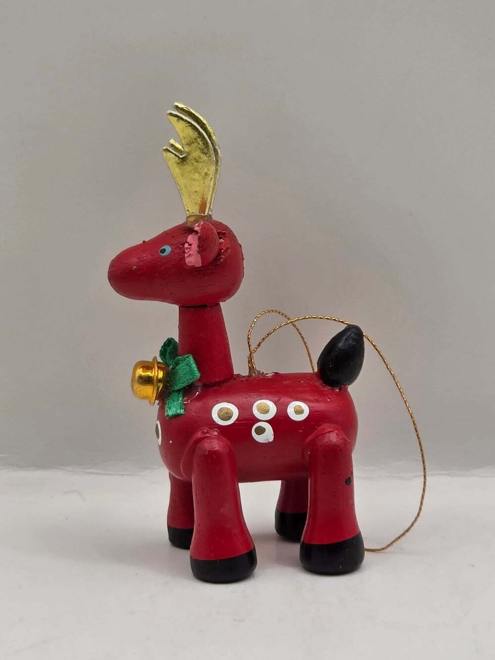 Vintage Painted Wooden Reindeer Christmas Tree Ornament Red Gold